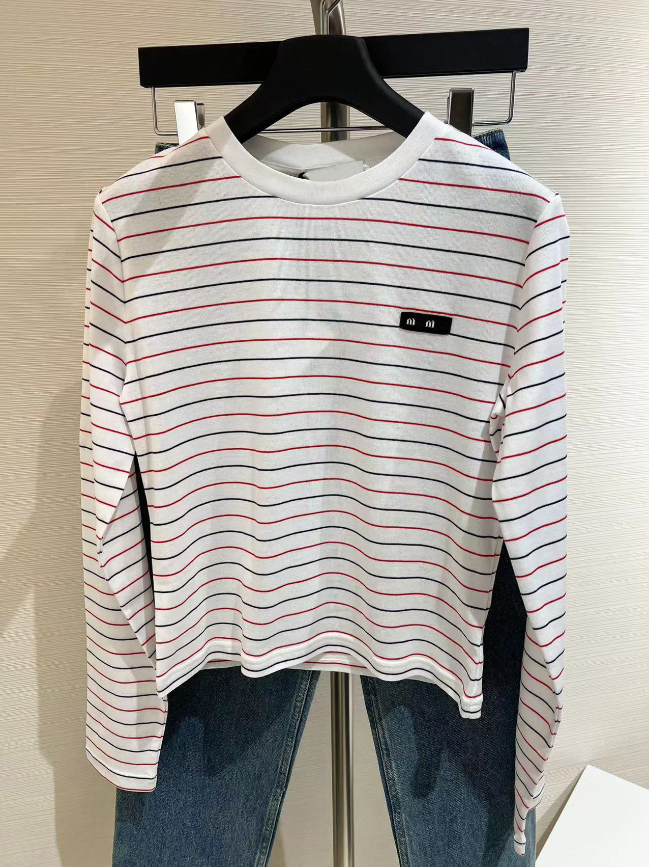 2024 Spring New White Stripes Fashionable And Versatile Slim Fit Long-Sleeved T-Shirt Top