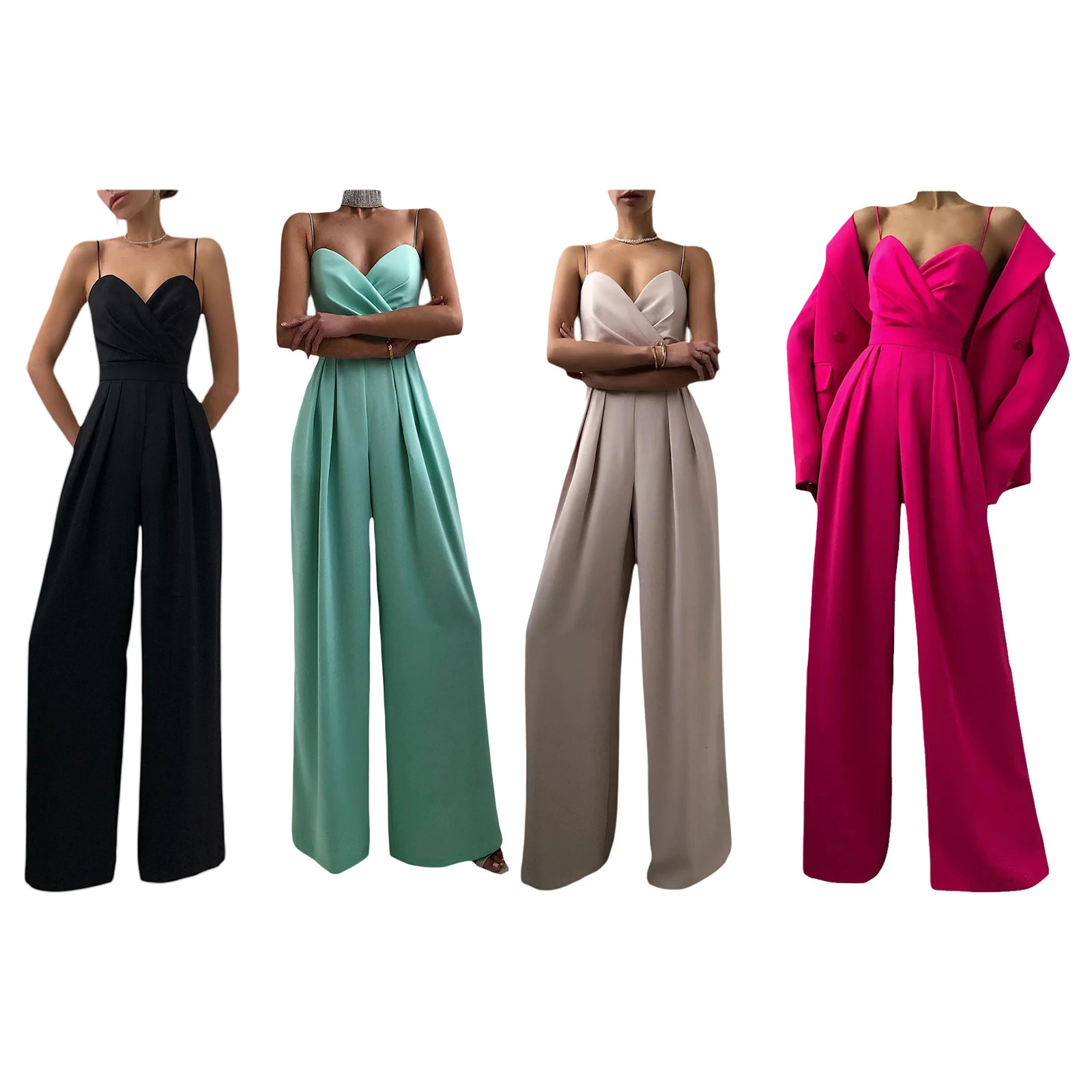 Womens Spaghetti Straps V Neck Jumpsuit Sleeveless High Waist Wide Leg Long Pants Solid Casual Loose Rompers Outfit Overall 240618
