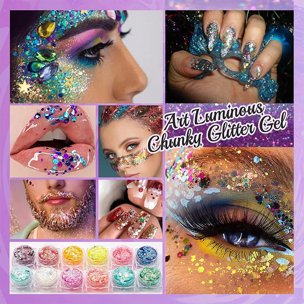 12 Colors Glitter Gel Makeup Glow in The Dark Body Glitter Gel UV Face Glitter for Women Festival Party Glitter Makeup Gel 240620
