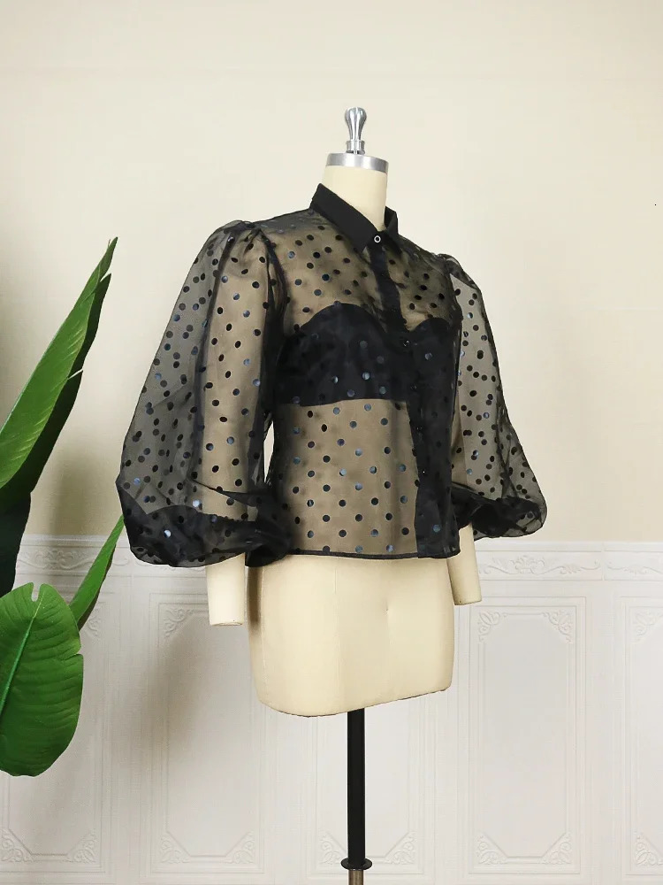 Women Black Tulle Blouses Polka Dots Print Button Down Long Lantern Sleeve Shirt Tops Elegant Classy Plus Size Trendy Club Wear 240617