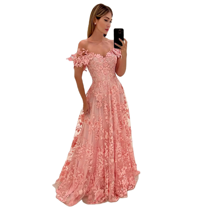 Pink Lace A-Line Prom Dresses Floor Length Off The Shoulder Elegant Long Evening Formal Dress For Women Appliques Sweetheart Corset Celebrity Party Go