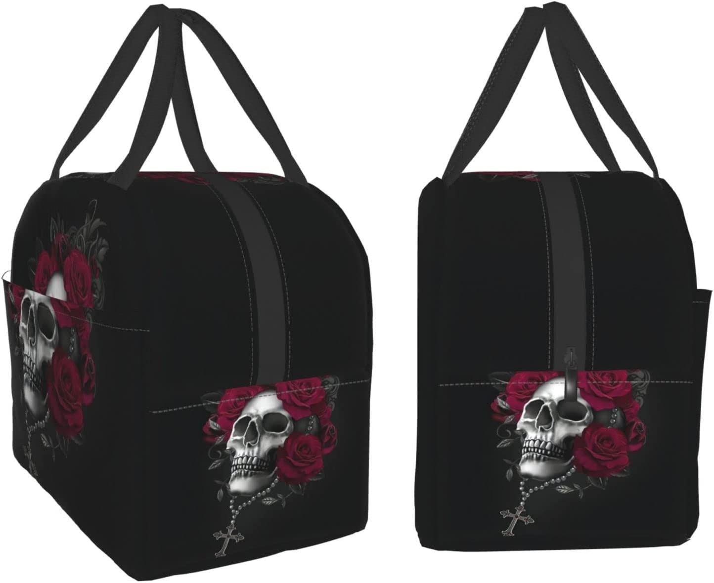 Gothic Rose Skull Insulated Lunch Box Reusable Cooler Tote Bag Waterproof Lunch Holder Gift for Women & Men Work Picnic Travel