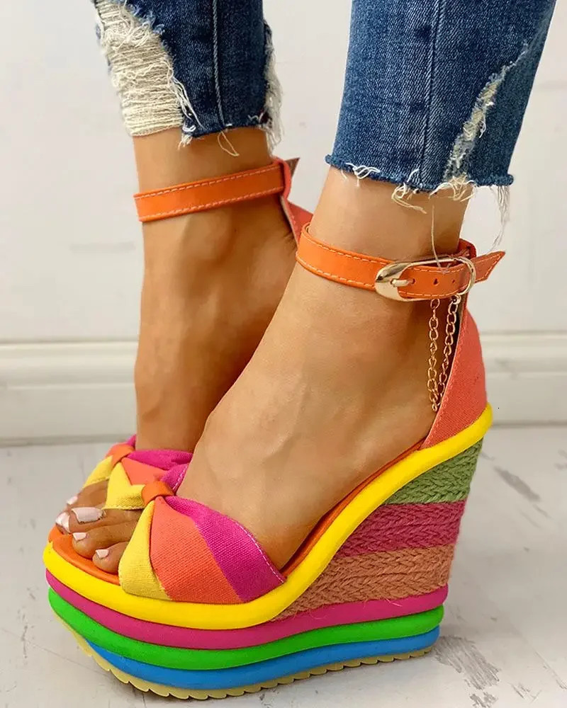 Sandals Womens Muffin Wedge High Multi Color Combination Work Colorful Roman Heels Espadrilles 240620