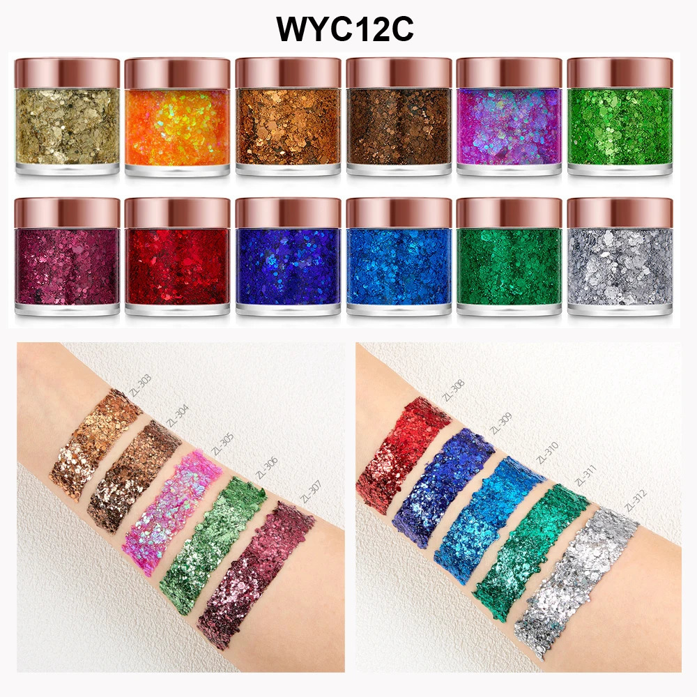 12 Color Holographic Sequin Gel Long Lasting Hair Eye Body Chunky Glitter Gel for Makeup 240620