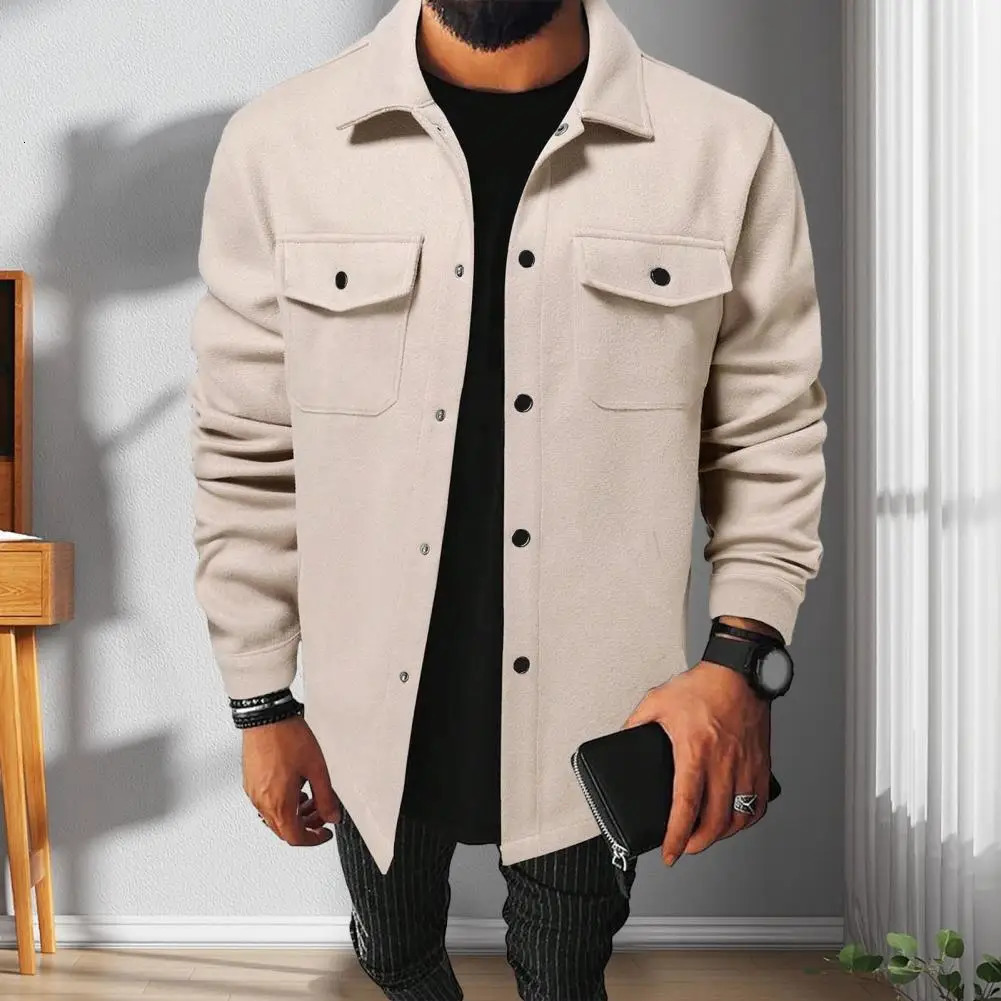Men Button-down Mens Solid Color Lapel Shirt Jacket Autumn Winter Long Sleeve Casual Coat with Flap Pockets Single 240615