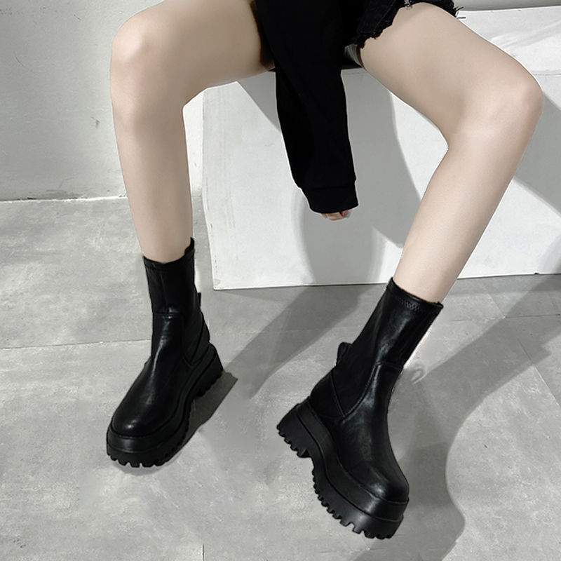 Women's Ladies 2022 Platform Black Mid Calf Boots Pipe Autumn Winter Flat Short Leather Rubber Comfortable 7513