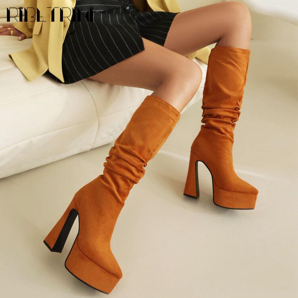 Flock Chunky High Heel For Woman Pull On Mid Calf Platform Shoes 2023 Winter Brown Office Lady Dress Design Boots