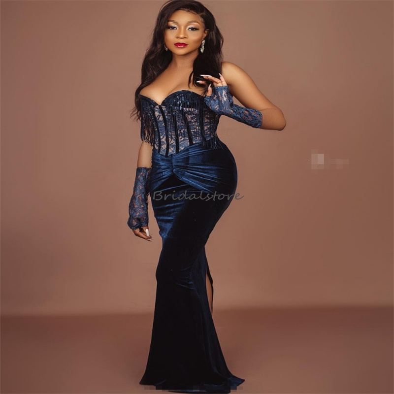 Nigeria African Navy Prom Dresses 2024 Sweetheart Mermaid Plus Size Velvet Evening Dress Elegant Formal Occasion Birthday Party Dress Vestios De Fiest