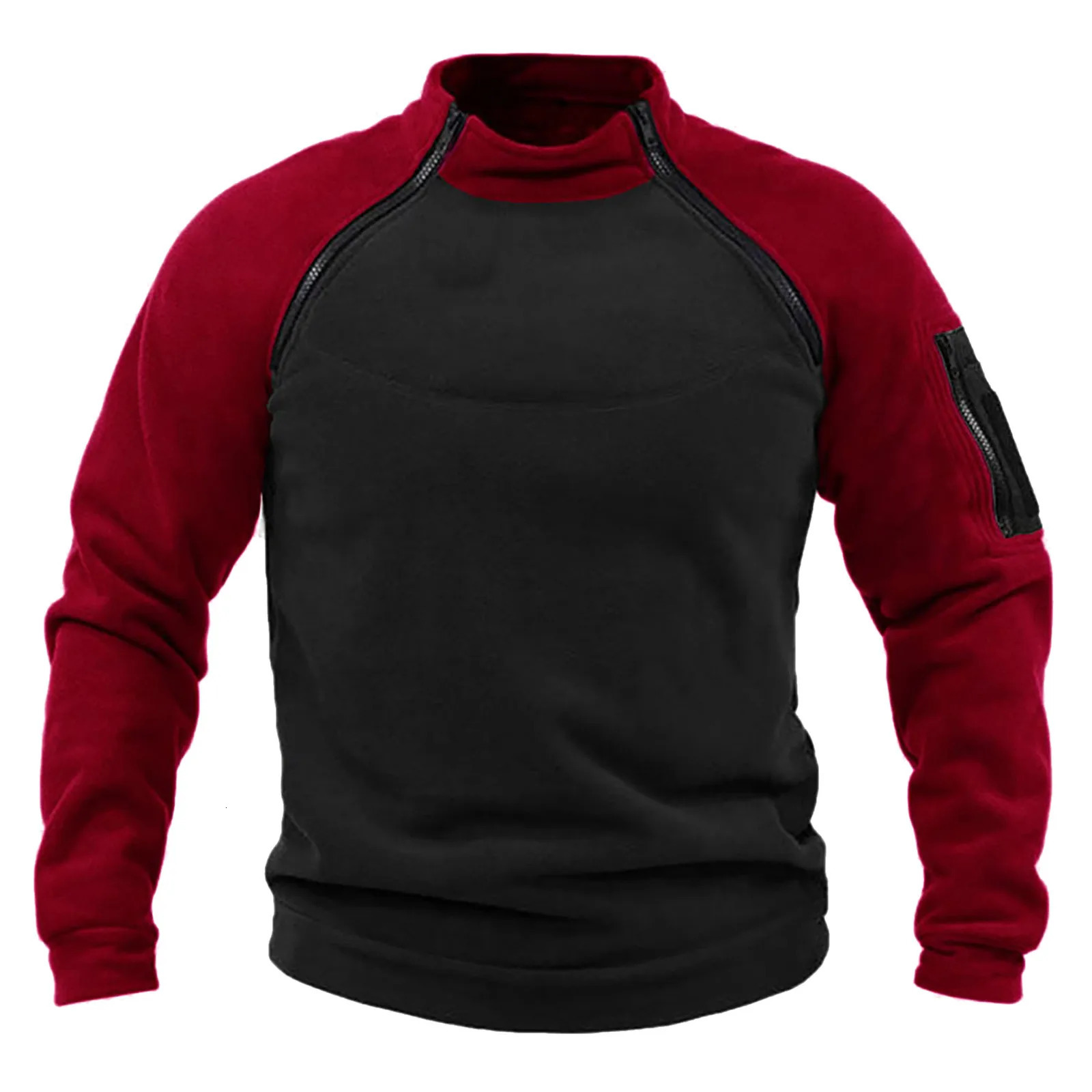 Autumn Winter Fashion Men Fleece Hoodies Patchwork Outdoor Climbing Trekking Thicken Pullover Stand Collar Tactical Sweatshirt 240620