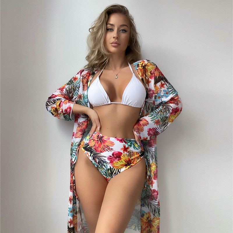 Floral Printed Halter Bikini 3 Pieces High Waisted Sexy Women Swimwear Padded Bikini Ser + Cover Up Black/White/Orange Colors