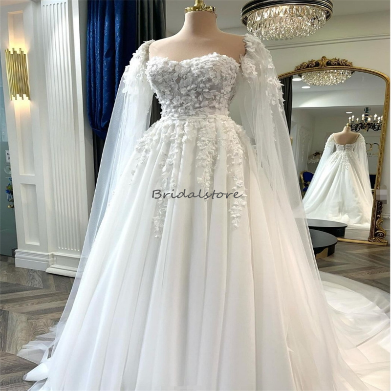 Fairytale Boho Wedding Dresses 2024 3D Florals Lace Bohemian Cape Sleeves Bohemian Bridal Dress Sweep Train Destination Bride Dress Celtic Hippies Rob
