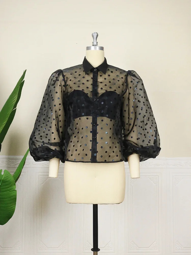 Women Black Tulle Blouses Polka Dots Print Button Down Long Lantern Sleeve Shirt Tops Elegant Classy Plus Size Trendy Club Wear 240617