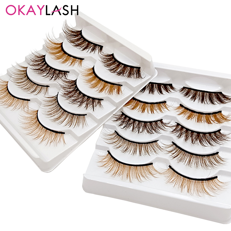 OKAYLASH 5/2 Pairs Dark Light Brown 3D Natural Eyelashes Wholesale Fluffy Blonde Human Hair Lashes Factory Supplier