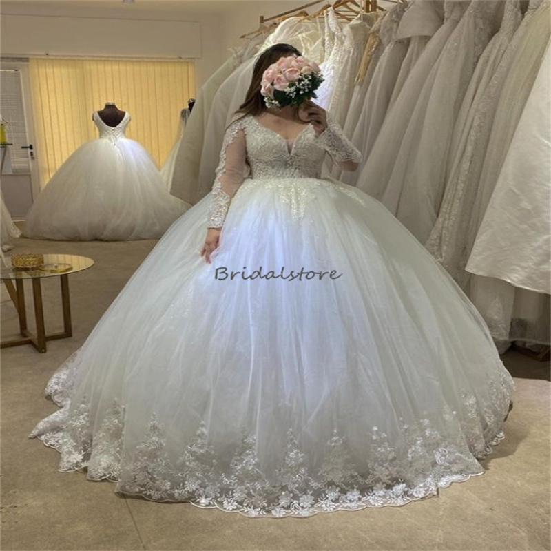 Puffy Ball Gown White Wedding Dresses 2024 Elegant V Neck Long Sleeve Lace Bridal Dress Appliques Backless Church Garden Bride Dress vestidos novias b