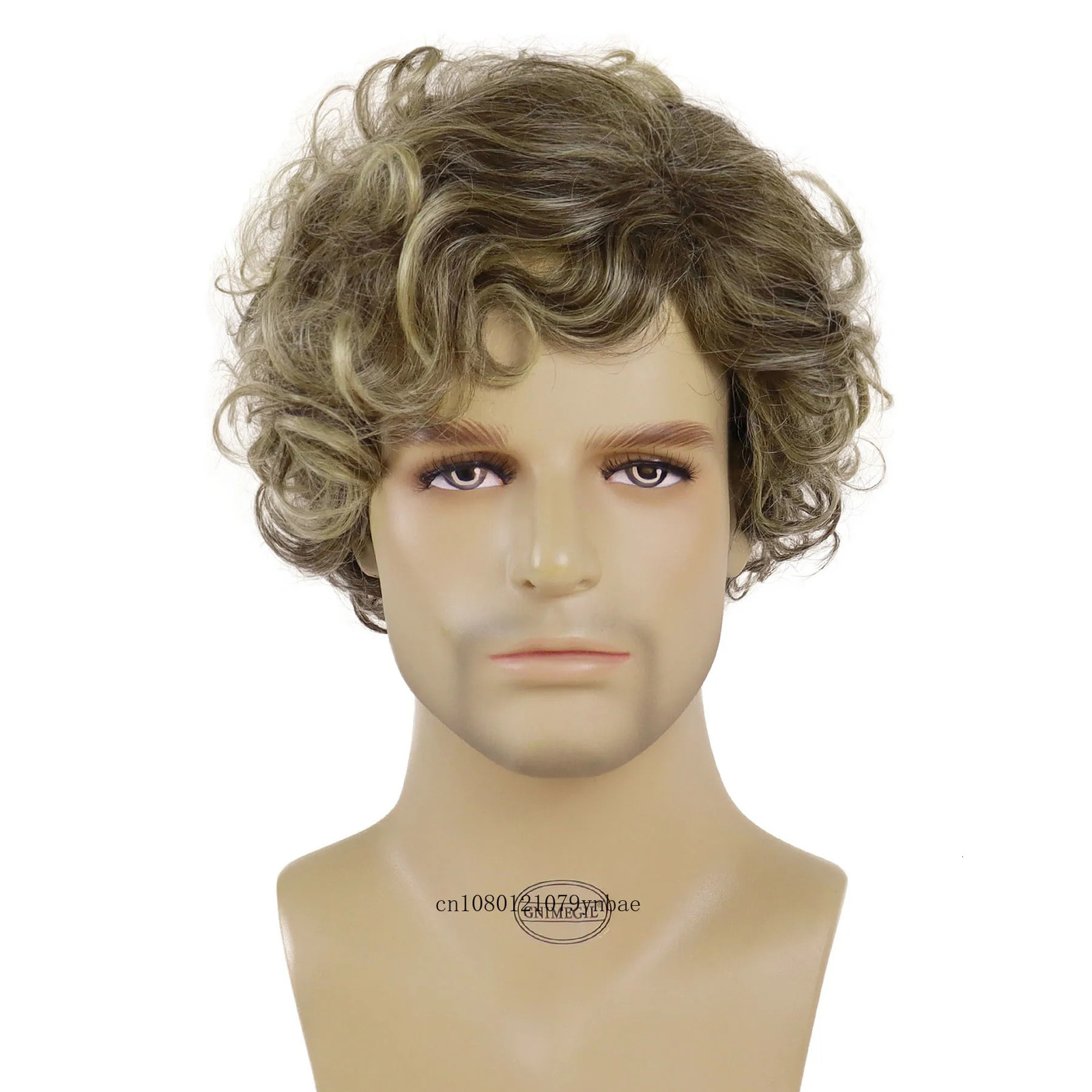 Mens Synthetic Hair Wigs Short Curly Wavy Natural Ombre Brown Wig with Bangs for Male Heat Resistant Fiber Daily Party Costume 240621