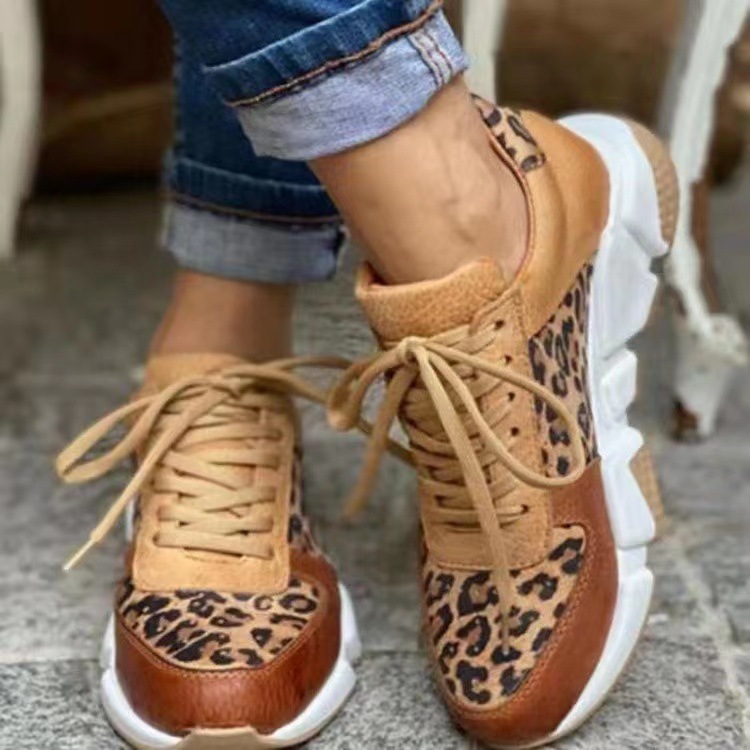 Platform Sneakers Women 2023 Round Toe Low-top Leopard Wedge Shoes Women's Lace Up Socofy Casual Sports Shoes