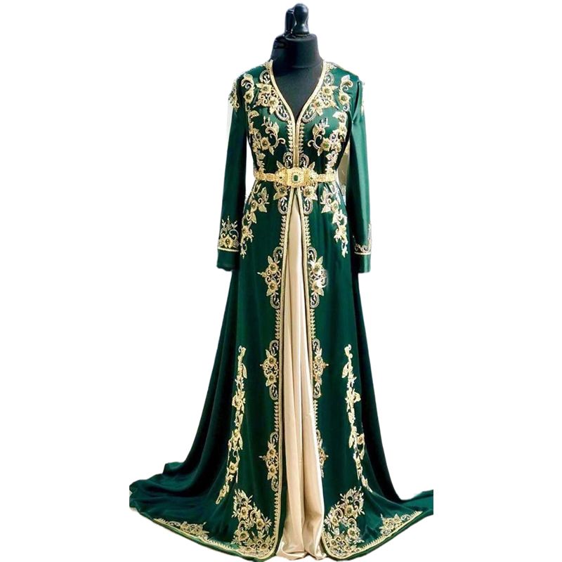 Elegant Moroccan Kaftan Green Evening Formal Dresses V-Neck Long Sleeves Gold Lace Applique Crystals Beaded Special Occasion Gown Arabic Muslim Caftan