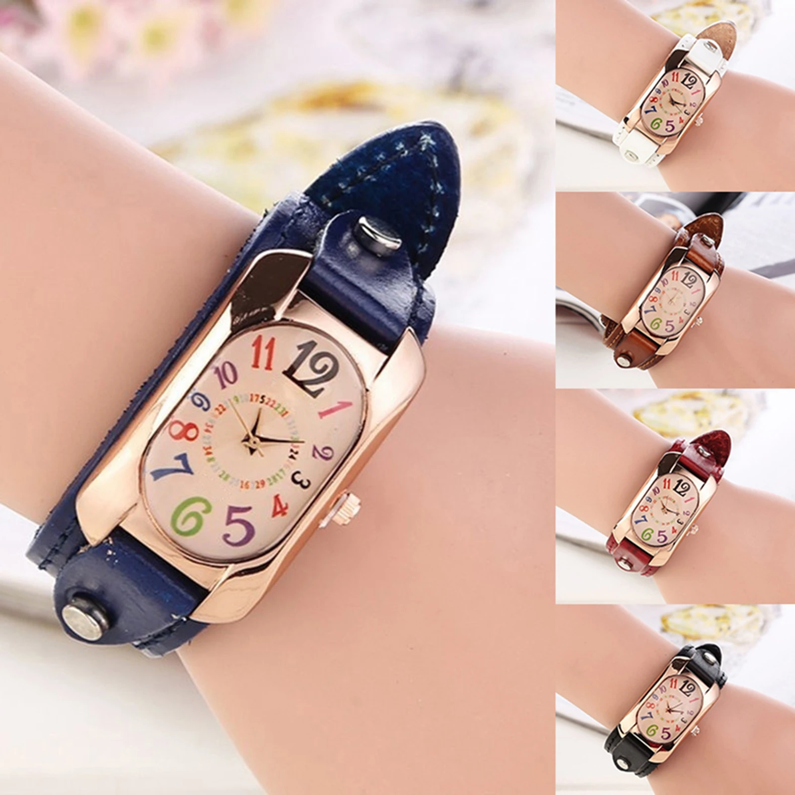 Vintage Casual Women Watch Alloy Dial Faux Leather Strap Oblong Case Analog Quartz Clock Ladies Wrist Watches Relojes Para Mujer