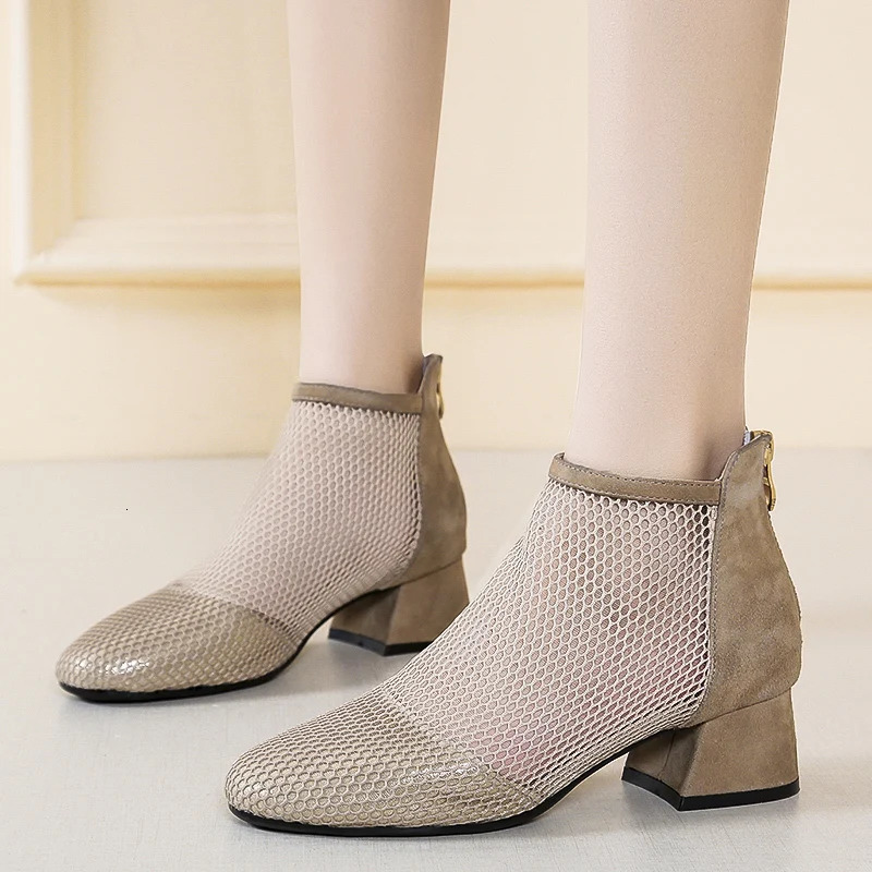 Nice Summer Pop Round Toe Hollow Mesh Breathable Back Zipper Sandals Feminine Comfortable Fashion High Heels for Women's 240620