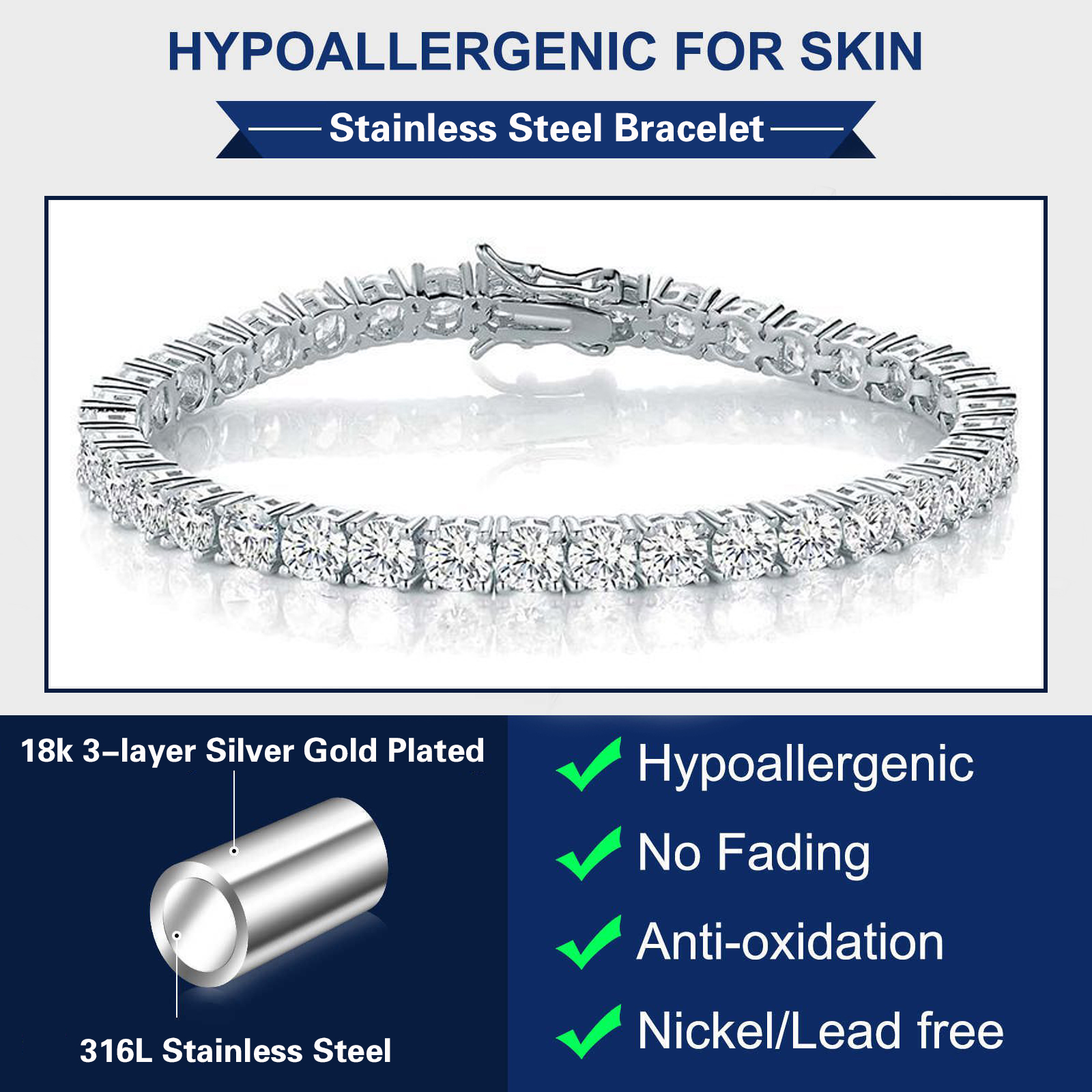 diamond tennis bracelet designer for women white gold silver plated 3/4/5mm wide chain bracelets rapper hip hop mens jewelry woman valentines day gift