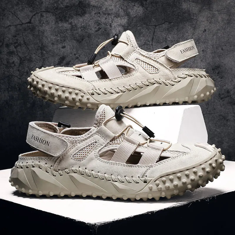 Hollow Out Summer Flats Genuine Leather Mens Casual Shoes Outdoor Men Leather Sandals for Men Handmade Beach Shoes Roman Shoes 240620