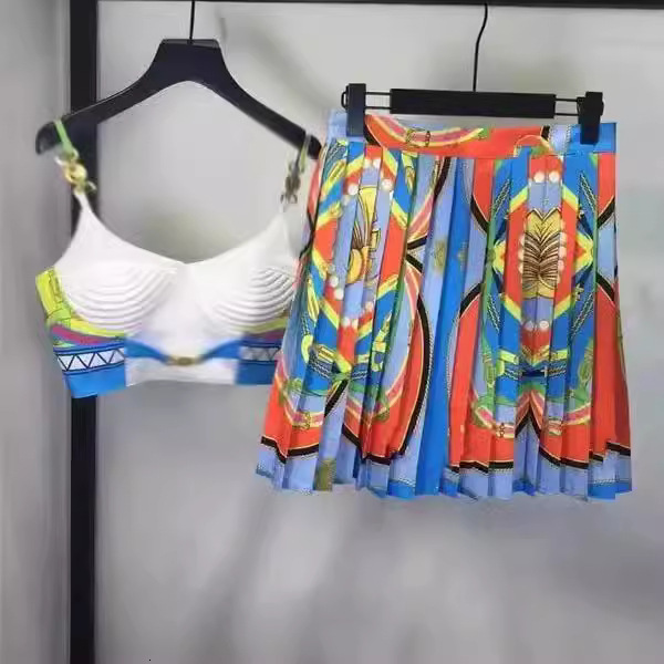 2024 Summer New Sweet and Dopamine Set Bra and Strap Top+Printed High Waist Pleated Short Skirt