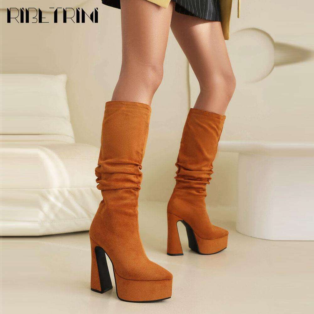 Flock Chunky High Heel For Woman Pull On Mid Calf Platform Shoes 2023 Winter Brown Office Lady Dress Design Boots