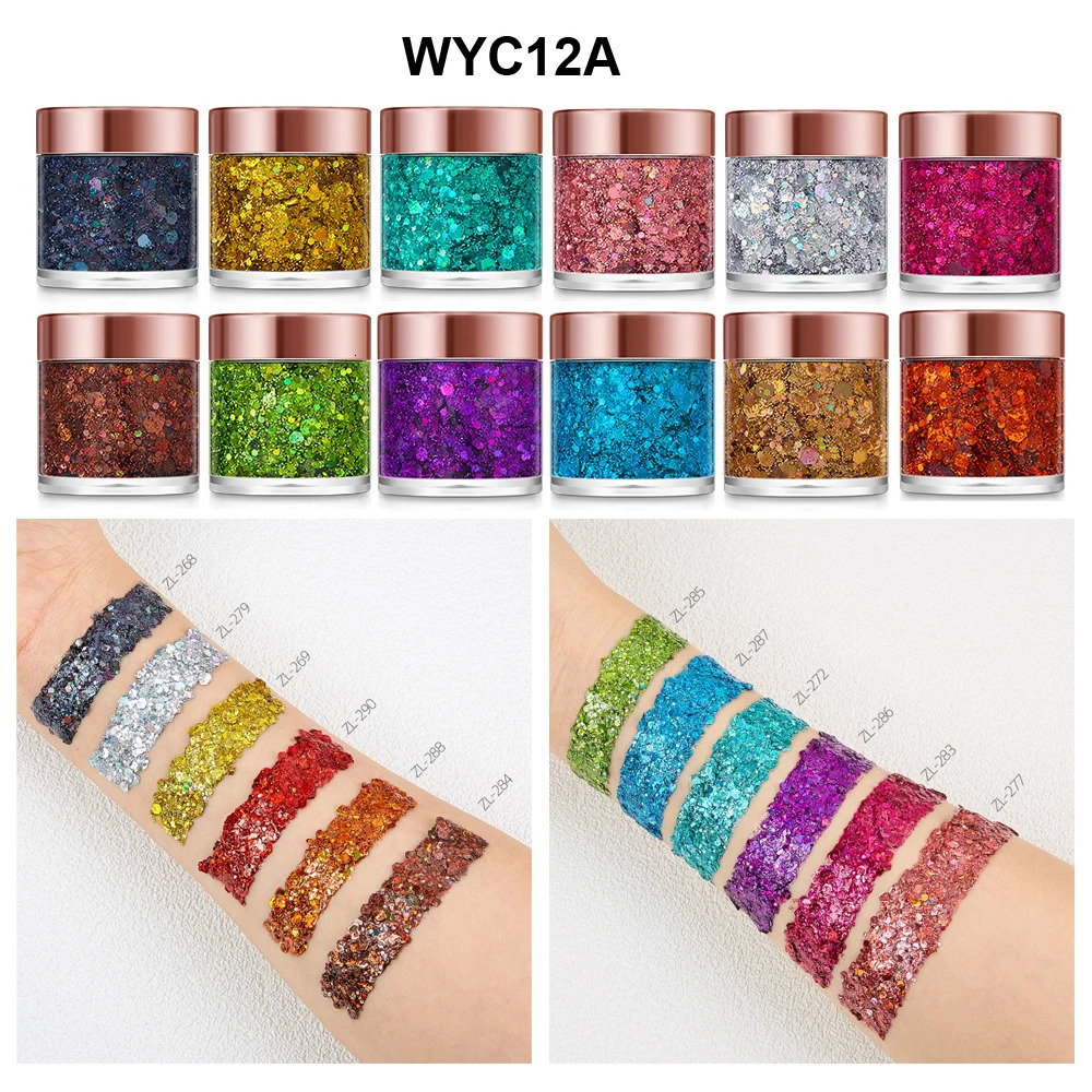 12 Color Holographic Sequin Gel Long Lasting Hair Eye Body Chunky Glitter Gel for Makeup 240620