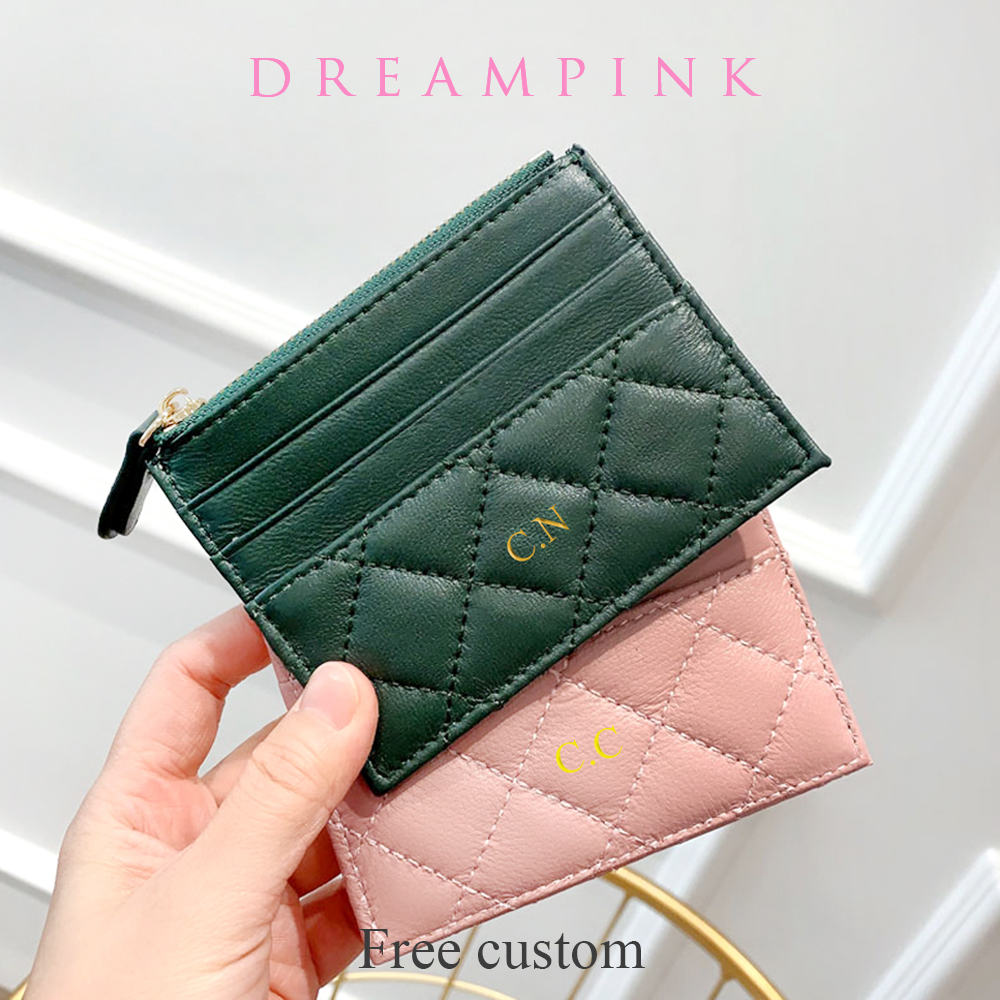 100% Genuine Leather Zip Card Holder Custom Initials Mini Sheepskin Diamond Quilted Wallet Luxury Engrave Letter Slim Coin Purse