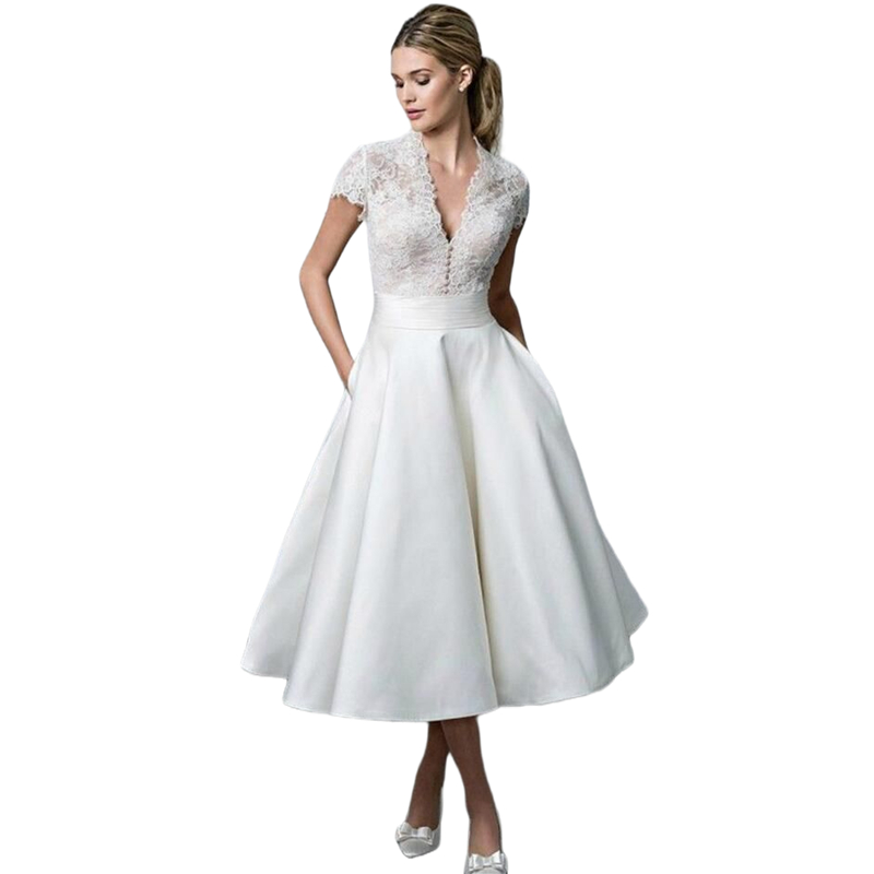 Tea Length Ivory A-Line Wedding Dresses With Pockets 2024 Vintage Bridal Gowns Lace Appliques Top Short Sleeves V-Neck Satin Vestido De Novia