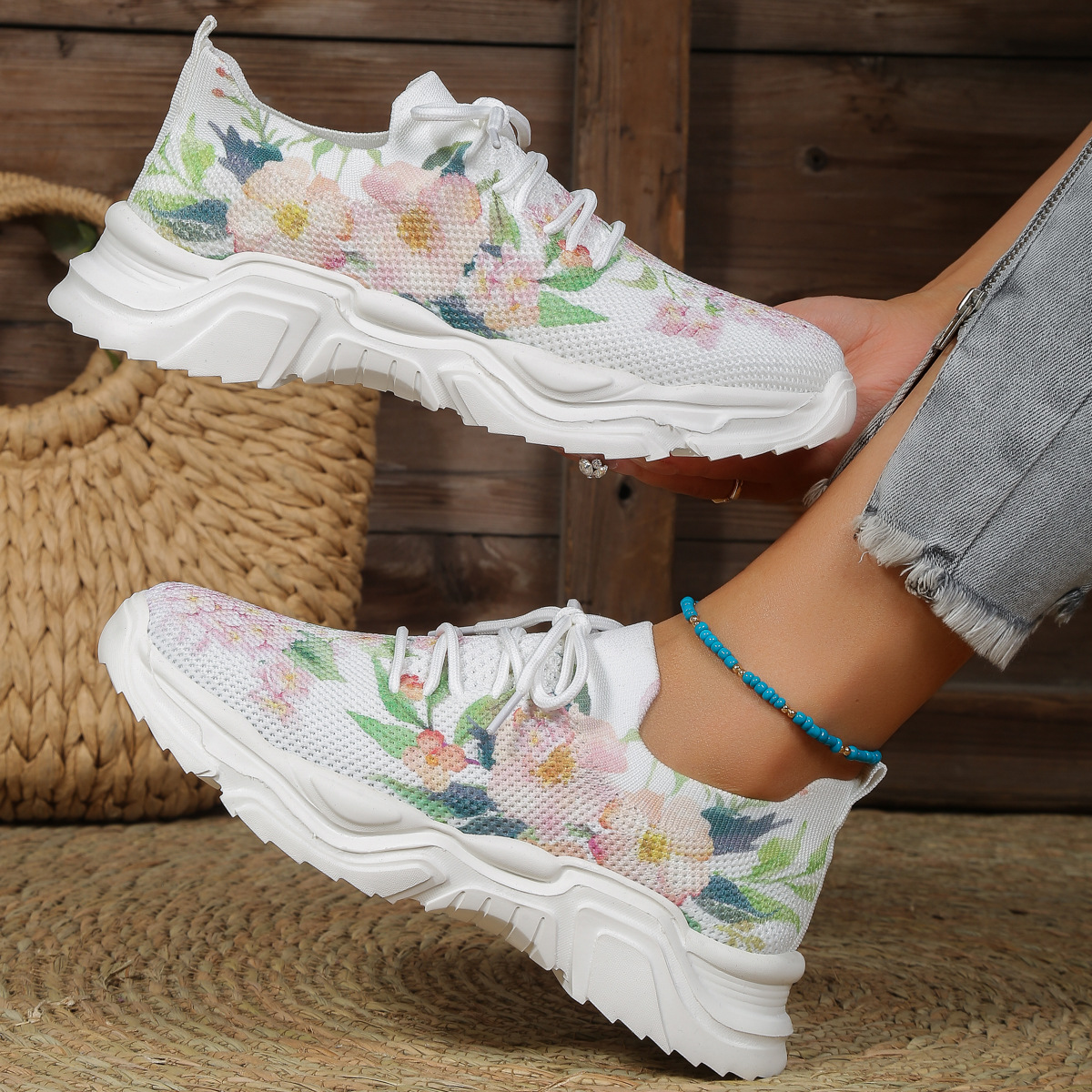 Casual Flower Ddmysports Women Fashion Flat Sole Running Shoes Lace Up Lightweight Mesh Sneakers Outdoor