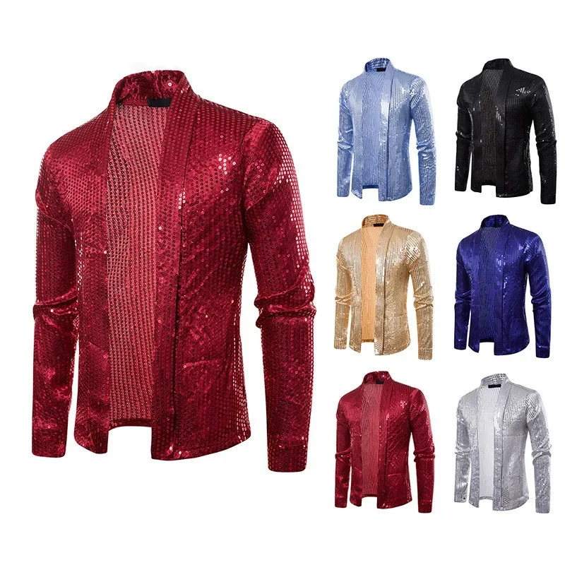 Mens Sequin Buttonless Cardigan Thin Long Sleeved Knit Shirt Mens Performance Wear Large Top 240615