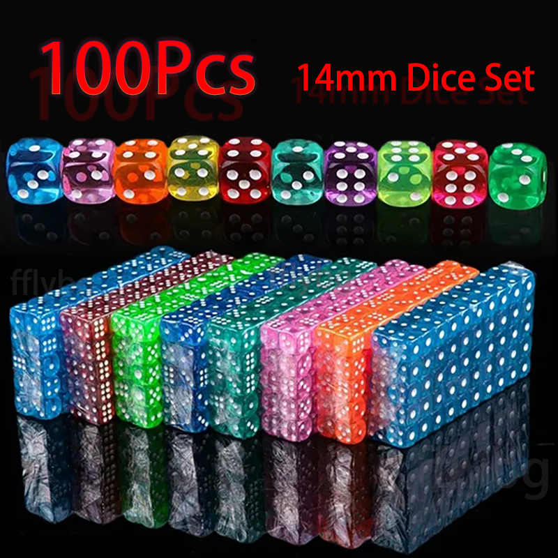 100PCS/Set 6 Sided Dice 14mm D6 16 Transparent Optional Color Acrylic Rounded Edges Dice For Table Board Games Party DND