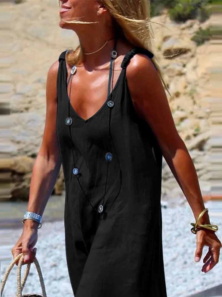 Casual Spaghetti Strap Jumpsuit For Women Cotton And Linen Sleeveless Loose Wide Legs Jumpsuits Summer Ladies Bodysuits 240618