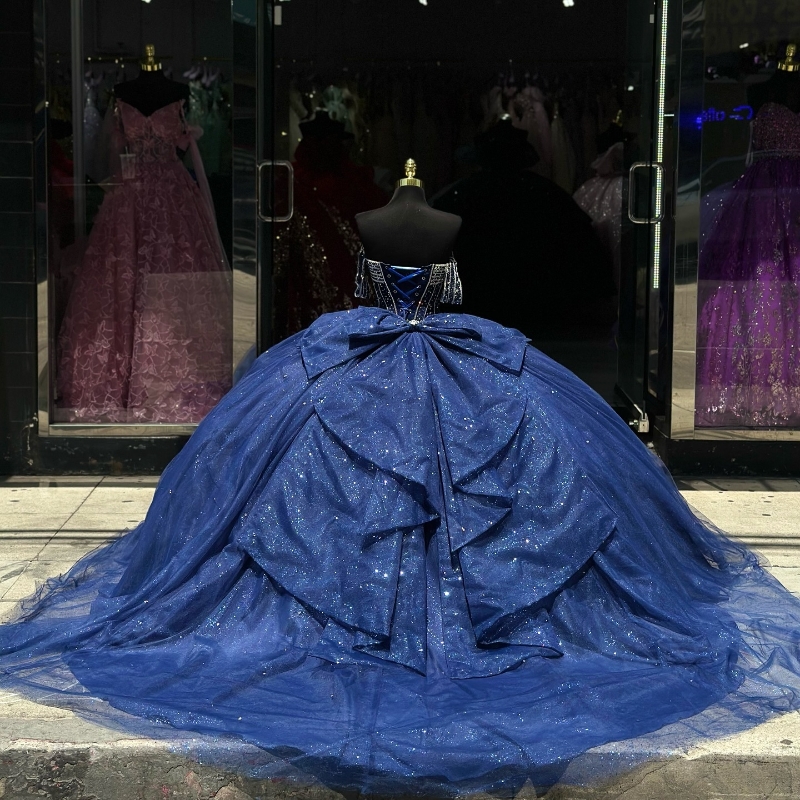 Blue Shiny Navy Princess Quinceanera Dresses Beads Off The Shoulder Crystal Bow Tull Corset Sweet 16 Dress Vestidos De 15 Anos Birthday