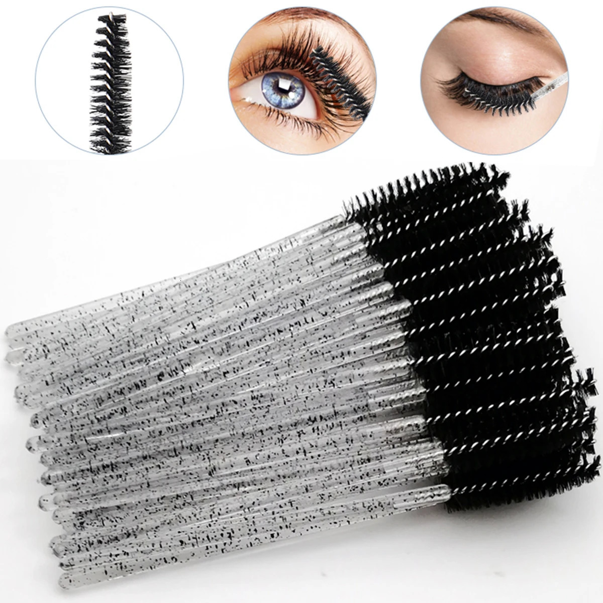 50pcs Disposable Eyelash Brushes Crystal Eye lash Mascara Wands Glitter Lash Comb Spoolies Micro Makeup Applicators 240620