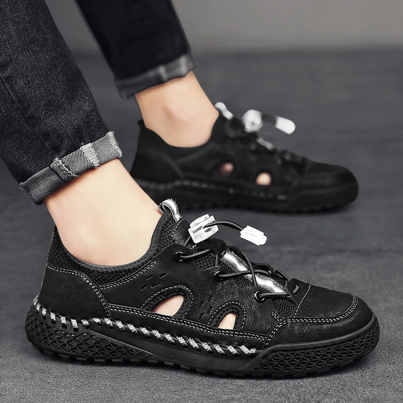 Mesh Breathable Leather Men's Casual Comfort Outdoor Sandals for Men Anti-collision Toe Hiking Shoes Mountaineering Travel Shoes 240620