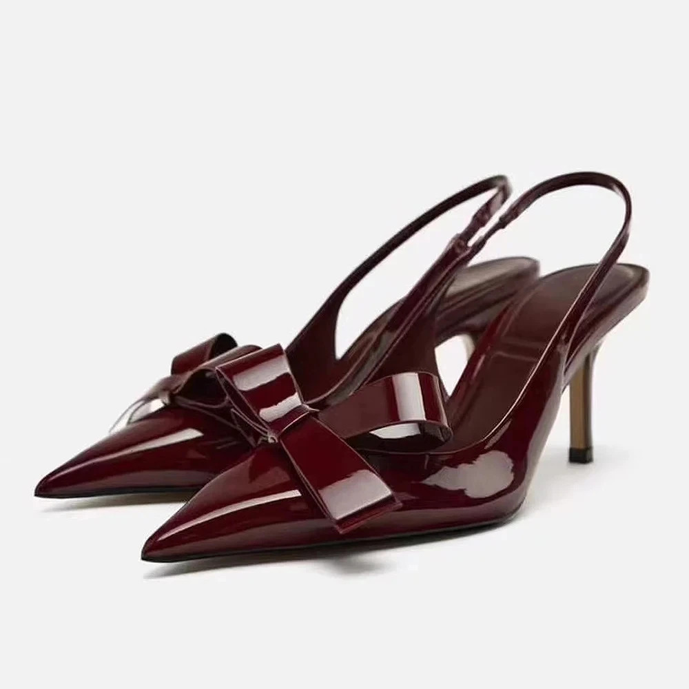 TRAF Red Bow High Heels For Women 2024 Fashion Pointed Toe Leather Stiletto Shoes Female Sexy Slingbacks Pumps Summer 240620