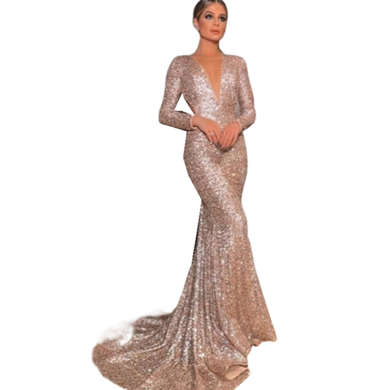Sparkly Rose Gold Sequined Mermaid Prom Dresses Long Sleeves Open Back Evening Party Gowns Sweep Train Plus Size Special Occasion Gowns