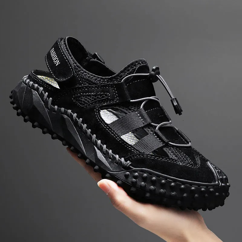 Hollow Out Summer Flats Genuine Leather Mens Casual Shoes Outdoor Men Leather Sandals for Men Handmade Beach Shoes Roman Shoes 240620