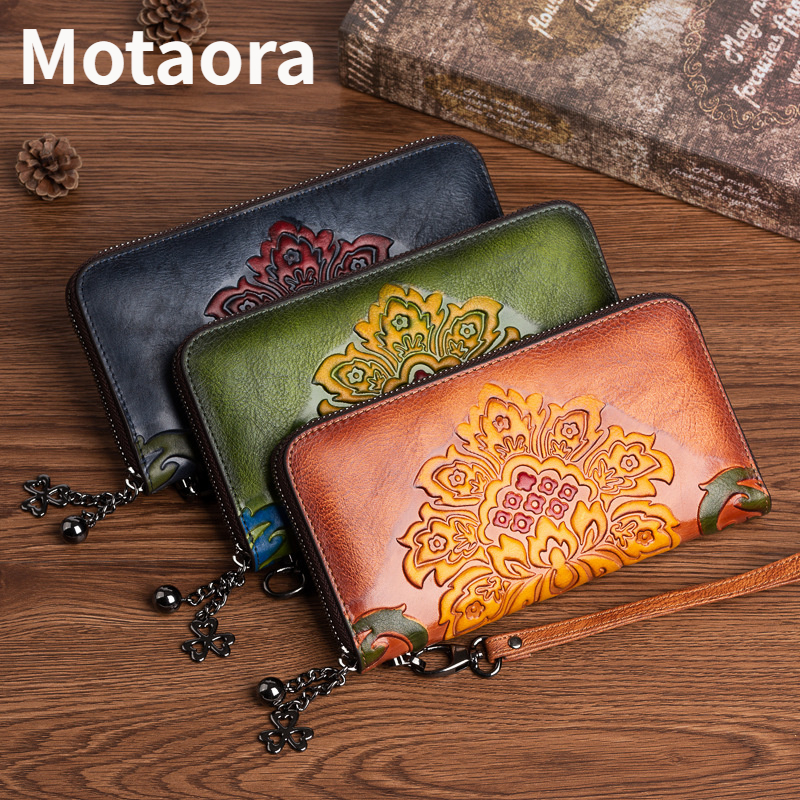 MOTAORA Genuine Leather Women Wallets Cowhide Phone Bags Ladies Multi-layer Zipper Coin Pouch Vintage 3 Color Woman Long Wallets