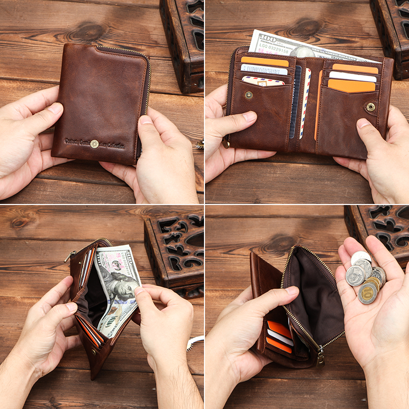 CONTACT'S Genuine Leather Wallets for Men Short Bifold Vintage Men's Wallet Luxury Brand Zip Coin Purses Card Holders Money Clip