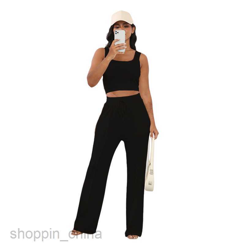 Women Tracksuits Fashion solid color sports jogging suit Summer New Thread Knitted Sleeveless Open Navel Top Women's Two piece High Waist Wide Le