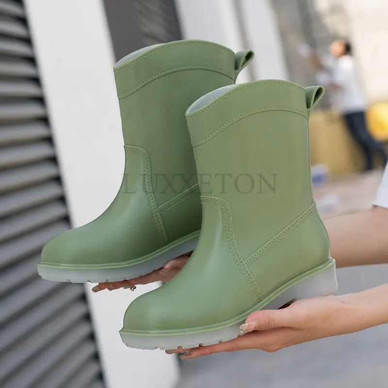 Womens Fashion Rain Boots Waterproof Woman Mud Water Shoes Rubber Rainboots Lace Up Black PVC Ankle Boots Sewing 240621
