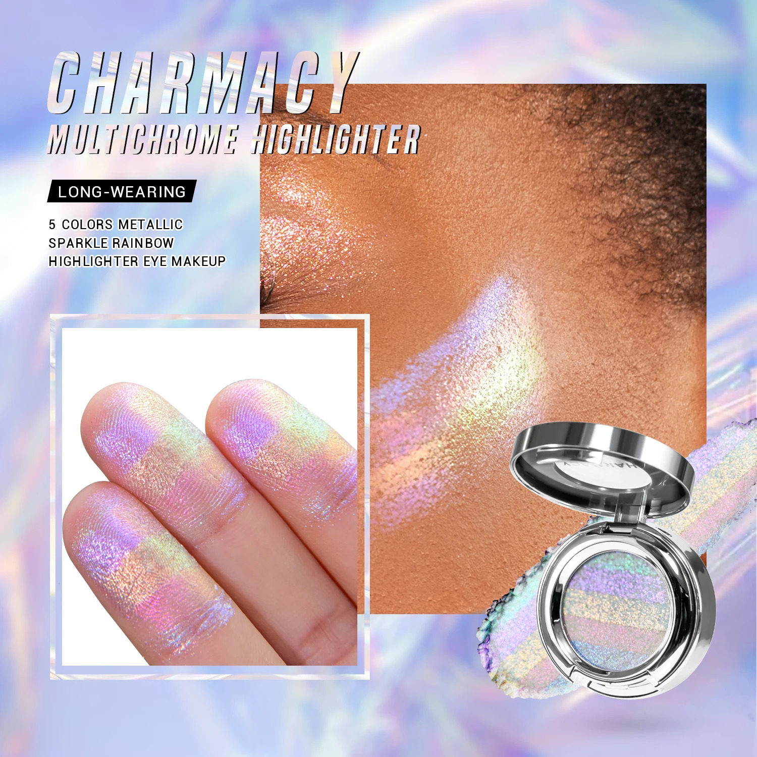 CHARMACY Rainbow Duochrome Highligter 5 Colors Shimmer Multichrome Long-lasting Eye Shadow Cosmetic Makeup for Women 240620