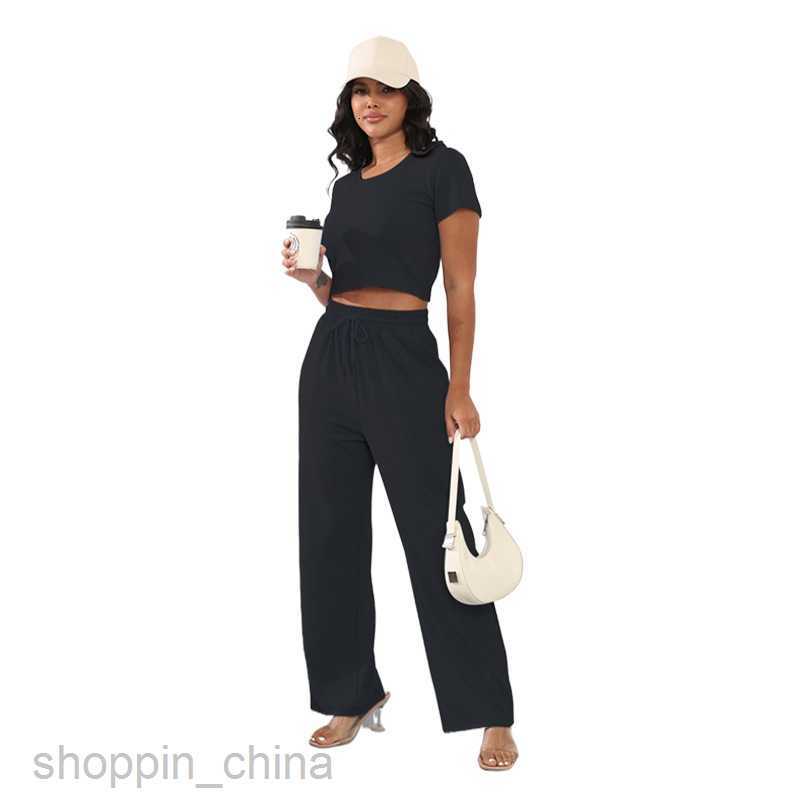 Women Tracksuits Fashionable solid color sports jogging suit Summer New Round Neck Short sleeved Women's Two Piece Fashion Casual Wide Leg Pants 