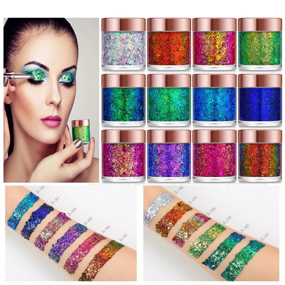 12 Color Holographic Sequin Gel Long Lasting Hair Eye Body Chunky Glitter Gel for Makeup 240620