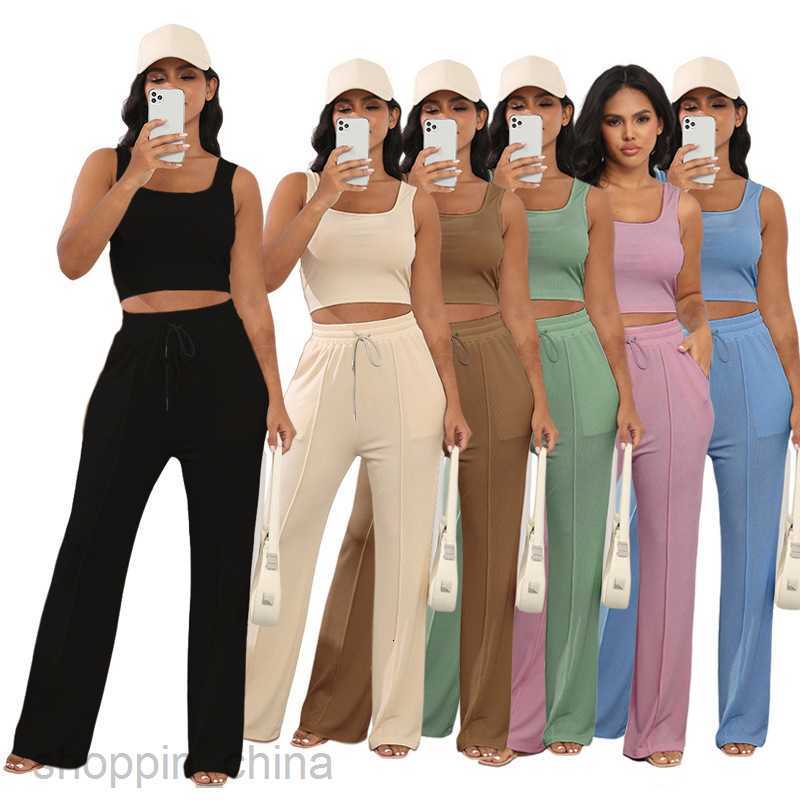 Women Tracksuits Fashion solid color sports jogging suit Summer New Thread Knitted Sleeveless Open Navel Top Women's Two piece High Waist Wide Le