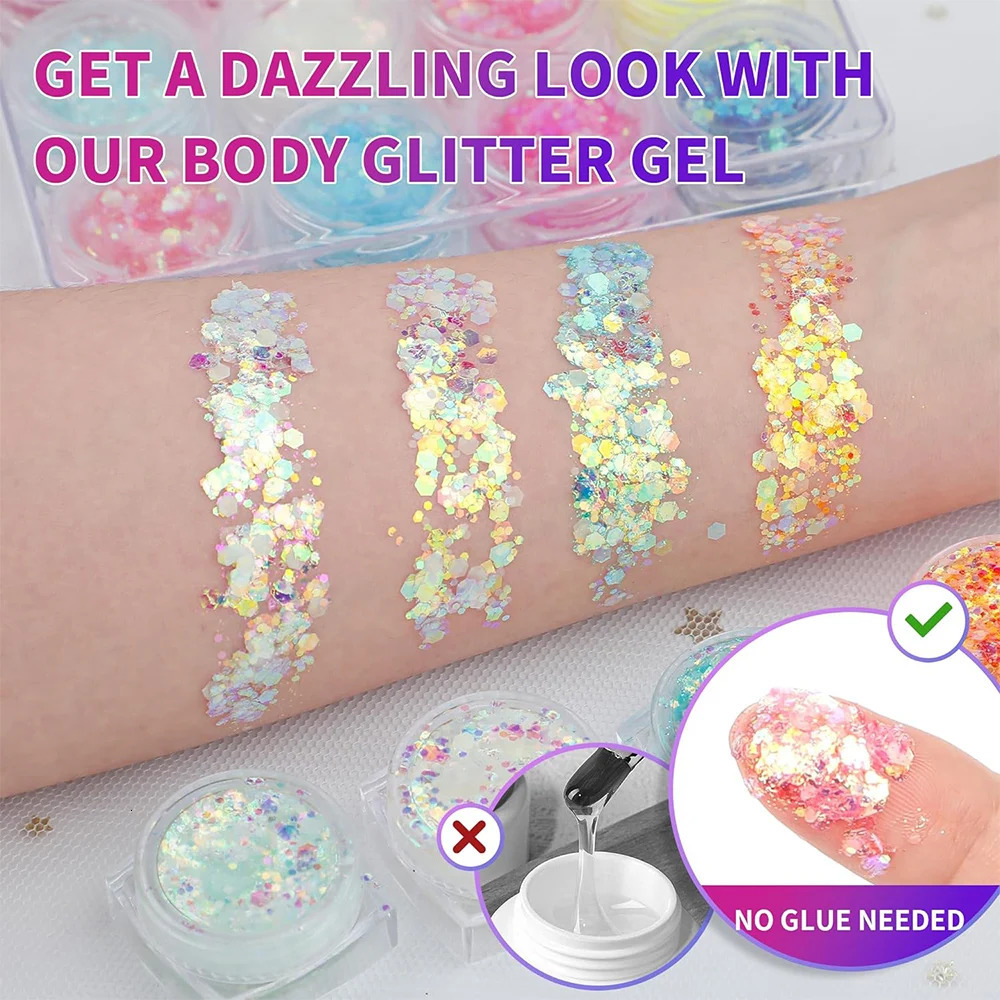 12 Colors Glitter Gel Makeup Glow in The Dark Body Glitter Gel UV Face Glitter for Women Festival Party Glitter Makeup Gel 240620