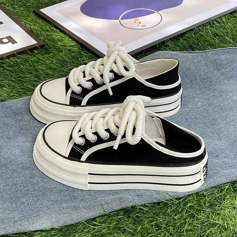 Thick Bottom Versatile White Womens Shoes Isn Casual Student Canvas Shoes Two Ways To Wear Half Toe Support Summer Season 240620